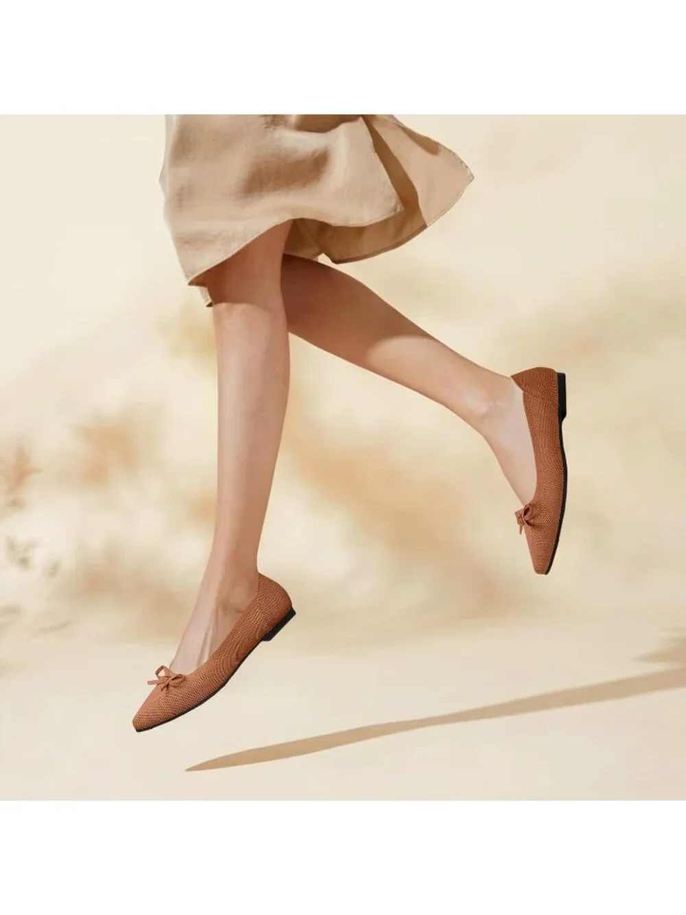 Women's Brown Flats Pointed Toe Bow Knit Ballet Shoes Comfortable Dressy Mesh